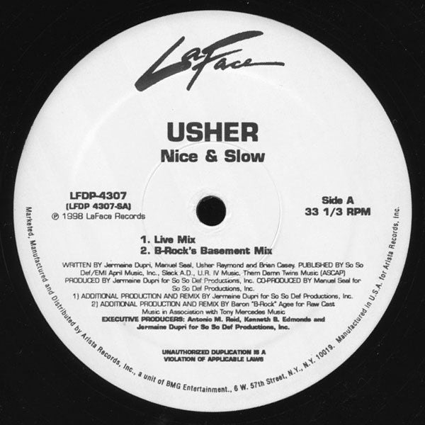 Usher - Nice & Slow - VG+ 12" Single Record 1998 LaFace USA Promo Vinyl - Deep House / R&B - Shuga Records