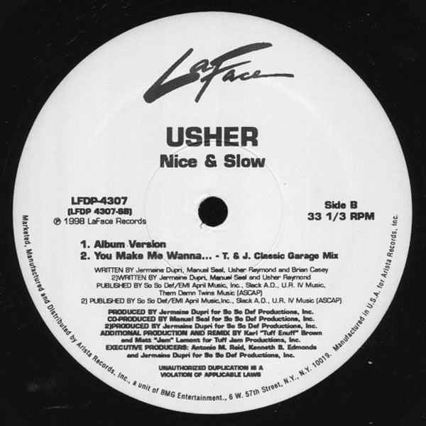 Usher - Nice & Slow - VG+ 12" Single Record 1998 LaFace USA Promo Vinyl - Deep House / R&B - Shuga Records