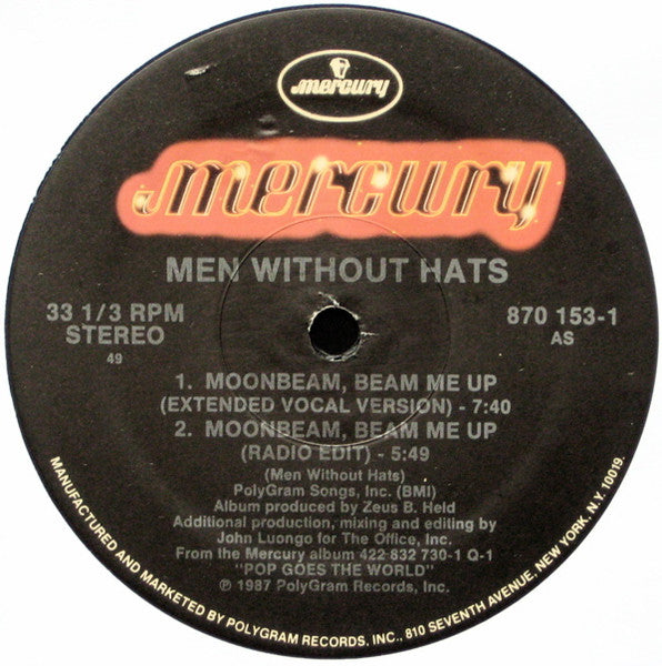 Men Without Hats – Moonbeam - Mint- 12" Single Record 1988 Mercury USA Vinyl - Synth-pop - Shuga Records