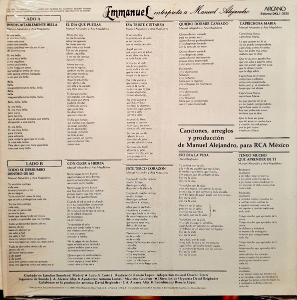Emmanuel - Intimamente... - VG+ LP Record 1980 Arcano USA Vinyl - Latin Pop - Shuga Records