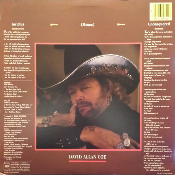 David Allan Coe - Invictus (Means) Unconquered - Mint- LP Record 1981 Columbia USA Vinyl - Country - Shuga Records