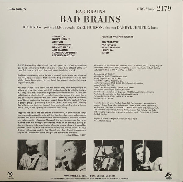 Bad Brains - Bad Brains (1982) - New LP Record 2021 ORG Music Vinyl with alternative Punk Note Cover - Punk / Hardcore / Reggae - - Shuga Records