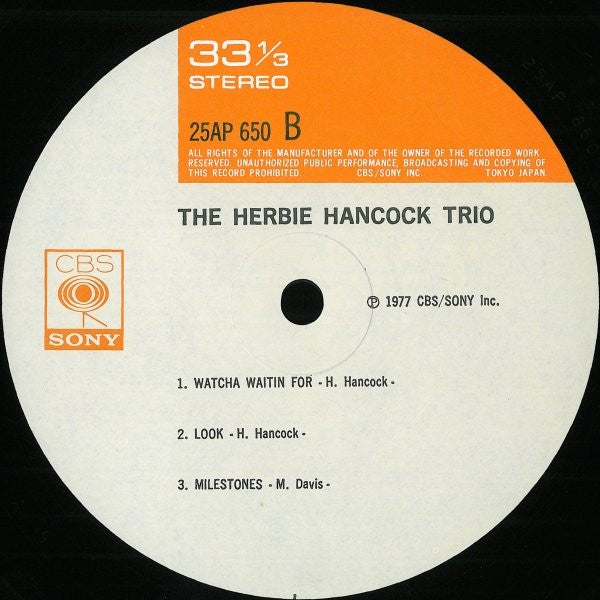 The Herbie Hancock Trio - The Herbie Hancock Trio - VG+ LP Record 1977 Sony CBS Japan Vinyl & Insert - Jazz / Post Bop - Shuga Records