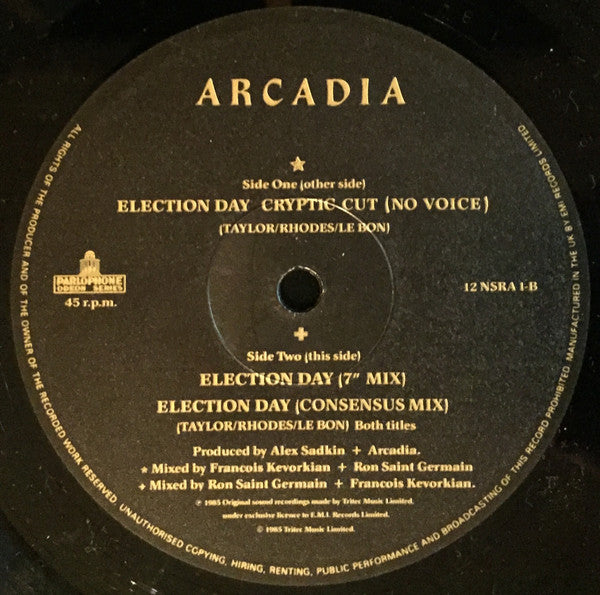 Arcadia - Election Day (Cryptic Cut (No Voice)) - Mint- 12" Single Record 1985 Parlophone Odeon UK Vinyl - Pop Rock / Synth-pop - Shuga Records