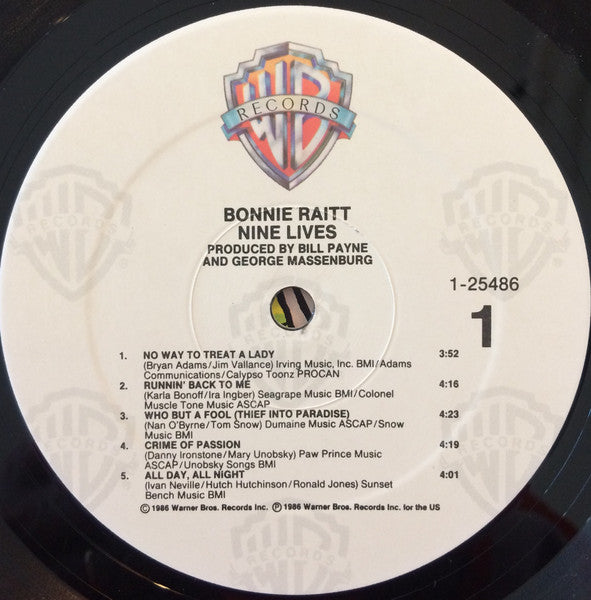 Bonnie Raitt - Nine Lives - Mint- LP Record 1986 Warner USA Vinyl - Rock & Roll / Blues Rock - Shuga Records