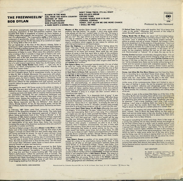 Bob Dylan - The Freewheelin' Bob Dylan (1963) - VG+ LP Record 1986 Columbia USA Vinyl - Rock / Folk Rock - Shuga Records