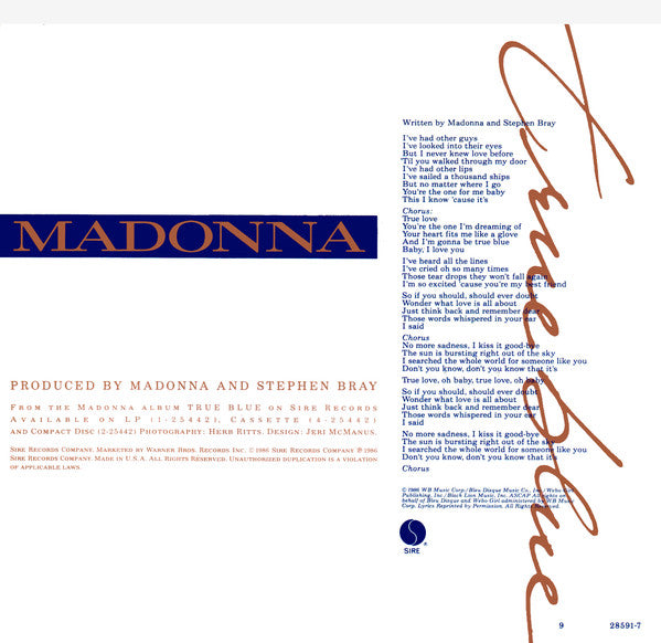 Madonna - True Blue / Ain't No Big Deal - Mint- 7" Single Record 1986 Sire USA Translucent Blue Vinyl - Synth-pop - Shuga Records