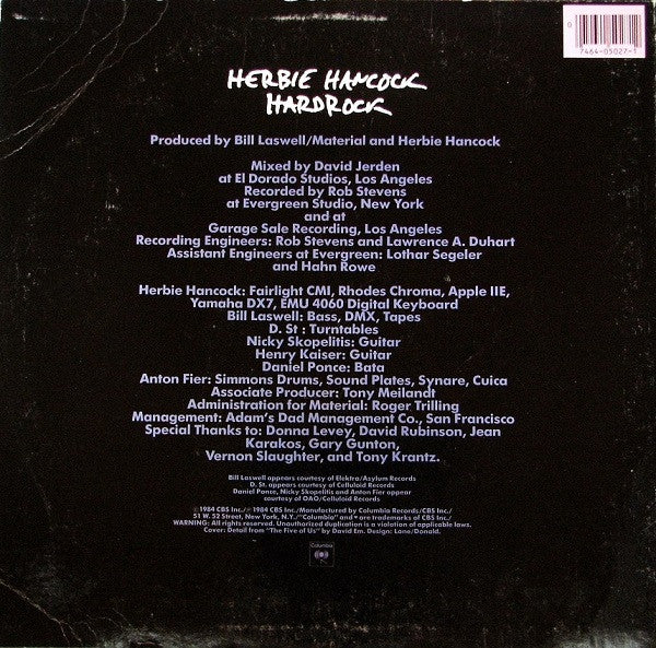 Herbie Hancock - Hardrock - VG+ 12" Single Record 1984 Columbia USA Vinyl - Electro / Synth-pop / Funk - Shuga Records