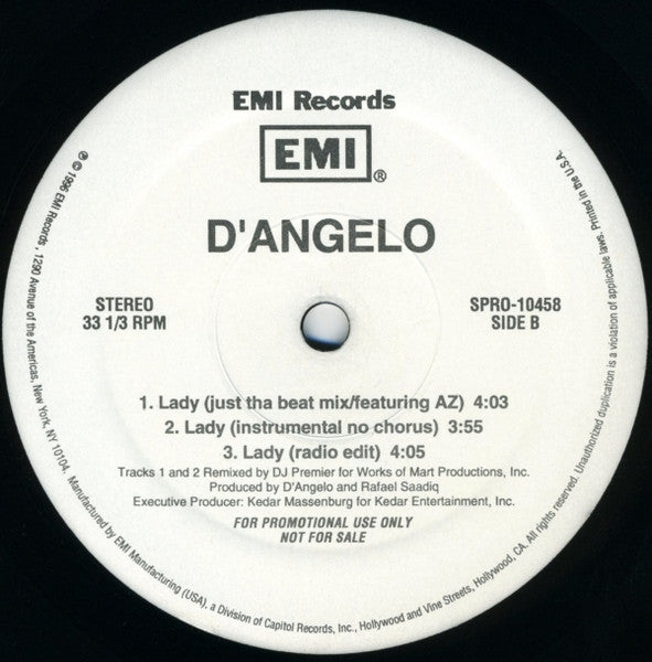 D'Angelo - Lady - 12" Single Record 1996 EMI USA Promo Vinyl - Neo Soul / R&B - Shuga Records