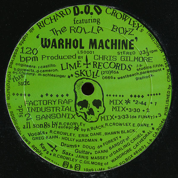 Richard Crowley / D.O.D. Featuring The Rolla Boyz - Warhol Machine - Mint- 12" Single Record 1989 Lime Skull USA Vinyl / Acid House / House / Industrial - Shuga Records