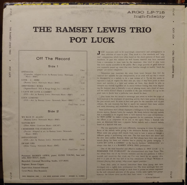 The Ramsey Lewis Trio – Pot Luck - VG+ LP Record 1963 Argo USA Original Stereo Vinyl - Jazz / Soul-Jazz