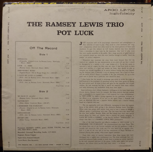 The Ramsey Lewis Trio – Pot Luck - VG+ LP Record 1963 Argo USA Original Stereo Vinyl - Jazz / Soul-Jazz - Shuga Records