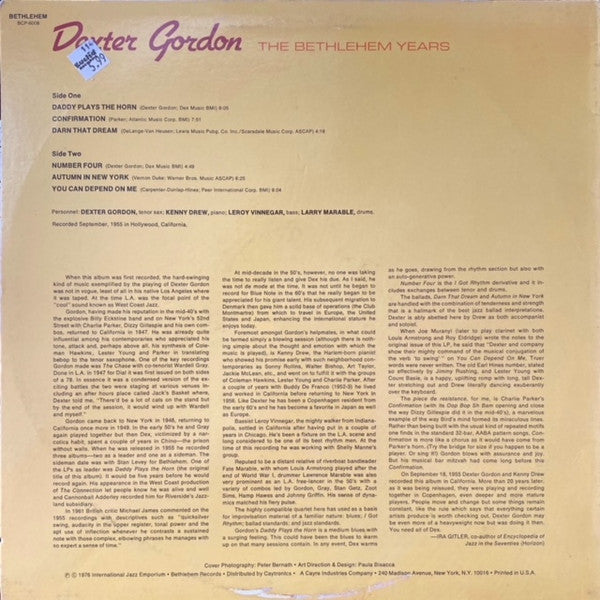 Dexter Gordon - The Bethlehem Years - VG+ LP Record 1976 Bethlehem USA Vinyl - Jazz / Bop - Shuga Records