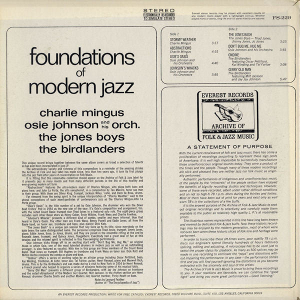 Charlie Mingus, Osie Johnson And His Orch., The Jones Boys, The Birdlanders - Foundations Of Modern Jazz - VG+ LP Record 1974 Everest USA Vinyl - Jazz / Bop / Cool Jazz - Shuga Records