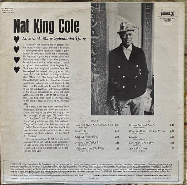 Nat King Cole - Love Is A Many Splendored Thing - VG+ LP Record 1966 Pickwick USA Vinyl - Jazz / Vocal / Pop - Shuga Records