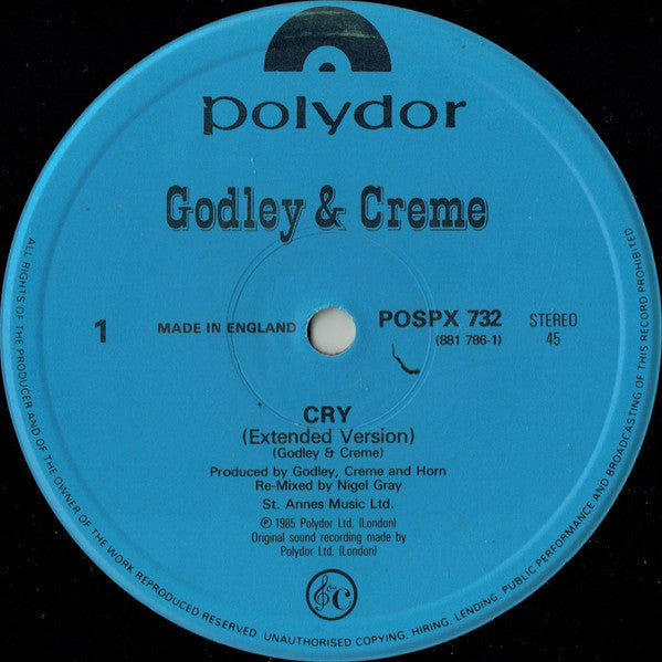 Godley & Creme - Cry (Extended Version) - Mint- 12" Single Record 1985 Polydor UK Vinyl - Synth-pop - Shuga Records