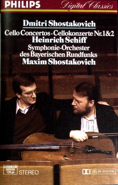 Shostakovich, Heinrich Schiff, Symphonie-Orchester Des Bayerischen Rundfunks, Maxim Shostakovich – Cello Concertos Nr. 1&2 - Mint- Cassette 1985 Philips Europe Tape - Classical - Shuga Records