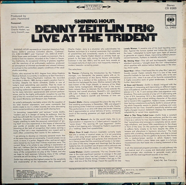 Denny Zeitlin - Shining Hour - Live At The Trident - VG+ LP Record 1965 Columbia USA Vinyl - Jazz / Post Bop - Shuga Records