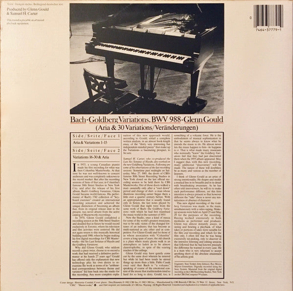 Glenn Gould - Bach - The Goldberg Variations - Mint- LP Record 1982 CBS Masterworks Original Vinyl - Classical - Shuga Records