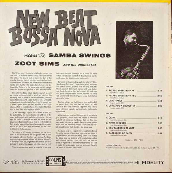Zoot Sims - New Beat Bossa Nova Means The Samba Swings - VG+ LP Record 1962 Colpix USA Vinyl - Jazz / Latin / Samba / Bossa Nova - Shuga Records