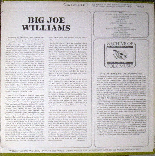 Big Joe Williams – Big Joe Williams - Mint- LP Record 1968 Everest USA Vinyl - Blues - Shuga Records