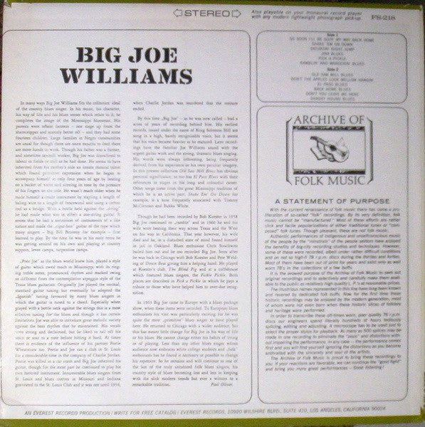 Big Joe Williams – Big Joe Williams - Mint- LP Record 1968 Everest USA Vinyl - Blues