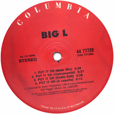 Big L - Put It On - VG+ (VG- cover) 12" Single Record 1995 Columbia USA Vinyl - Hip Hop / Boom Bap / Gangsta - Shuga Records