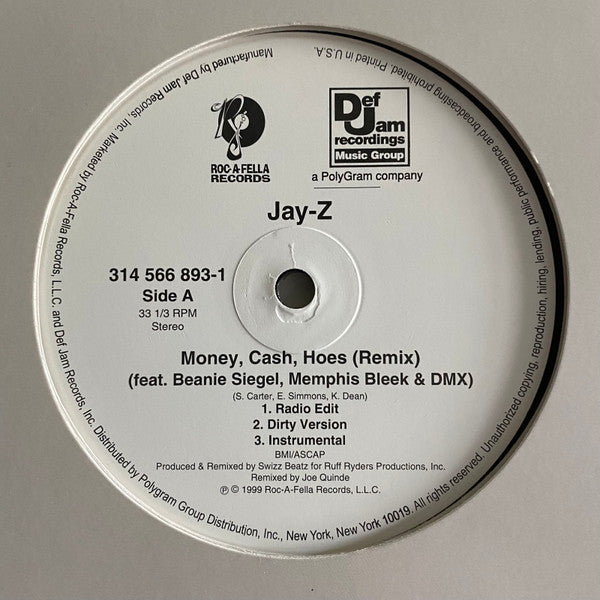 Jay-Z - Money, Cash, Hoes (Remix) / Jigga What? - Mint- 12" Single Record 1999 Roc-A-Fella USA Original Vinyl - Hip Hop - Shuga Records