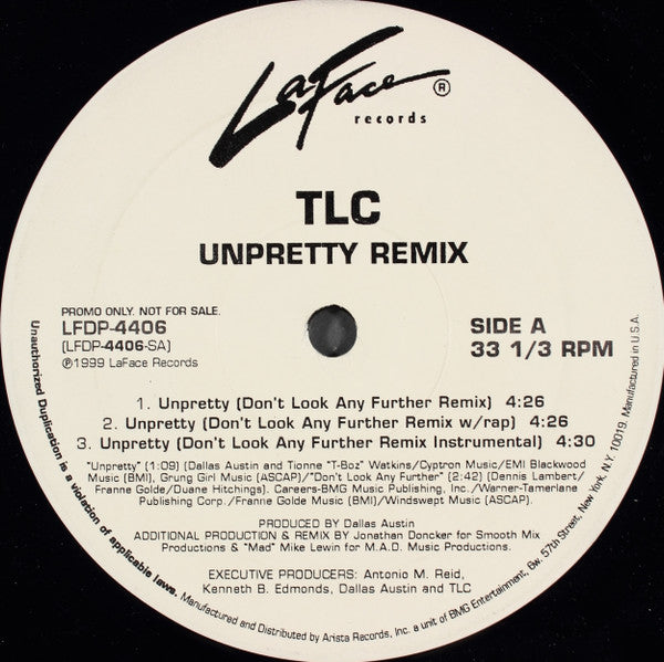 TLC - Unpretty Remix - VG+12" Single Record 1999 LaFace USA Promo Vinyl - Soul / House - Shuga Records