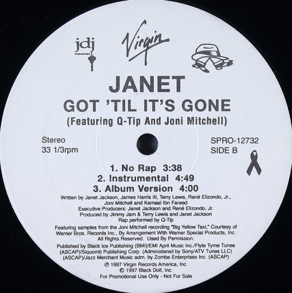Janet Jackson Featuring Q-Tip & Joni Mitchell - Got 'Til It's Gone - Mint- 12" Single Record 1997 Virgin JDJ USA Promo Vinyl - R&B / Soul / Pop - Shuga Records
