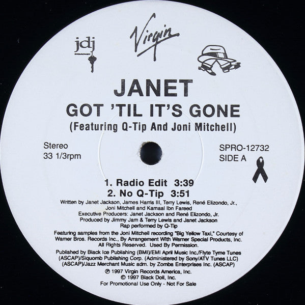 Janet Jackson Featuring Q-Tip & Joni Mitchell - Got 'Til It's Gone - Mint- 12" Single Record 1997 Virgin JDJ USA Promo Vinyl - R&B / Soul / Pop - Shuga Records