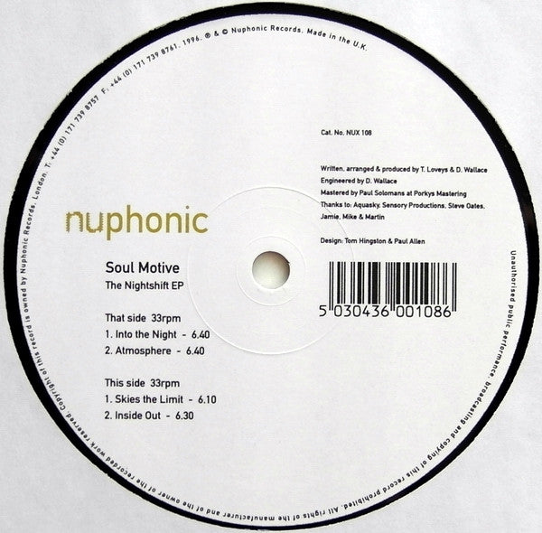 Soul Motive – The Nightshift EP - VG+ 12" Single Record 1996 Nuphonic UK Vinyl - House / Deep House - Shuga Records