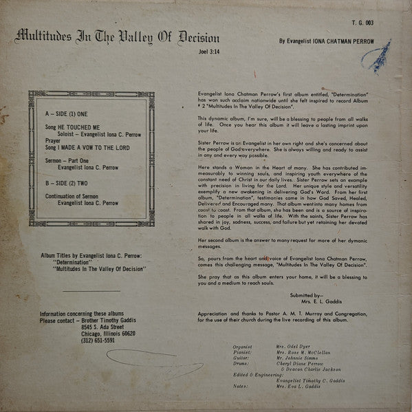 Evangelist Iona Chatman Perrow - Multitudes In The Valley Of Decision - VG+ (Poor Cover) LP Record 1960 Self Released USA Vinyl - Chicago Gospel / Sermon / Soul - Shuga Records