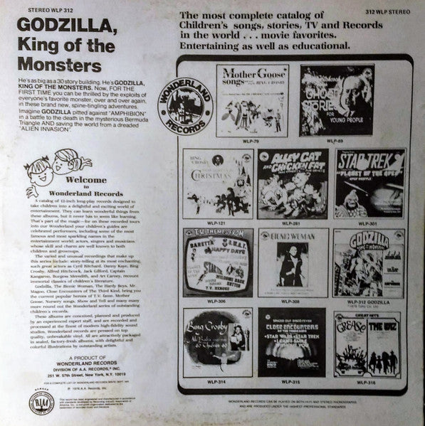 Unknown Artist – Godzilla, King Of The Monsters - Vs. Amphibion / The Alien Invasion - VG+LP Record 1977 Wonderland USA Vinyl - Story / Children's / Spoken Word - Shuga Records