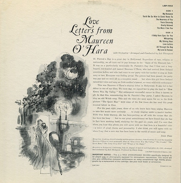 Maureen O'Hara - Love Letters From Maureen O'Hara - VG+ LP Record 1959 RCA Victor Living Stereo USA Vinyl - Jazz / Vocal / Exotica - Shuga Records