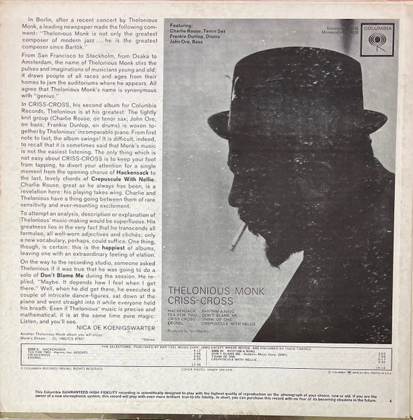 Thelonious Monk - Criss-Cross - VG LP Record 1963 Columbia USA Original Mono Vinyl - Jazz / Post Bop - Shuga Records