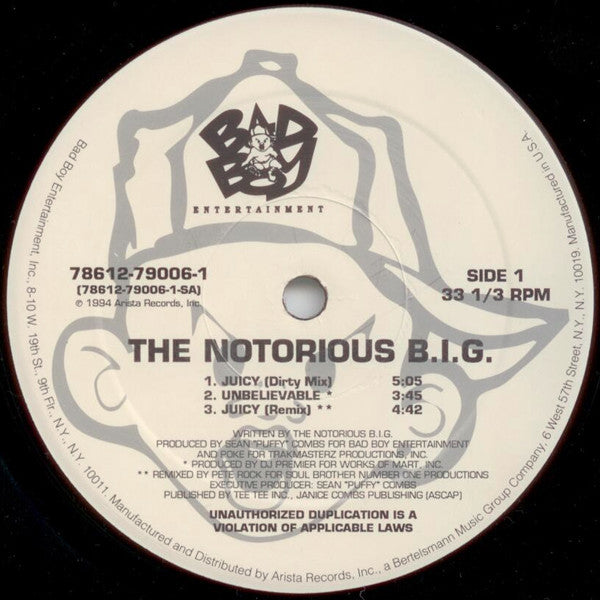 The Notorious BIG - Juicy - VG+ 12" Single Record 1994 Bad Boy USA Original Vinyl - Hip Hop (Copy) - Shuga Records