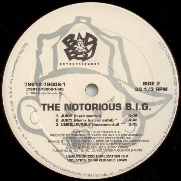 The Notorious BIG - Juicy - VG+ 12" Single Record 1994 Bad Boy USA Original Vinyl - Hip Hop (Copy) - Shuga Records