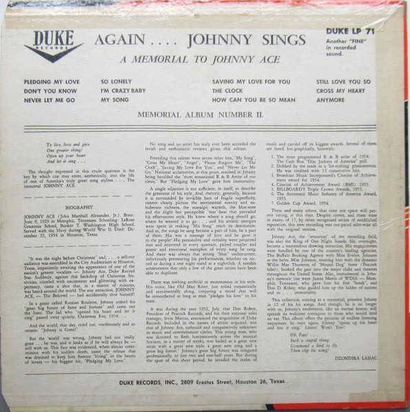 Johnny Ace - Memorial Album For Johnny Ace / Again Johnny Sings (1955) - VG LP Record 1961 Duke USA Mono Vinyl - Rhythm & Blues / Blues / Soul - Shuga Records