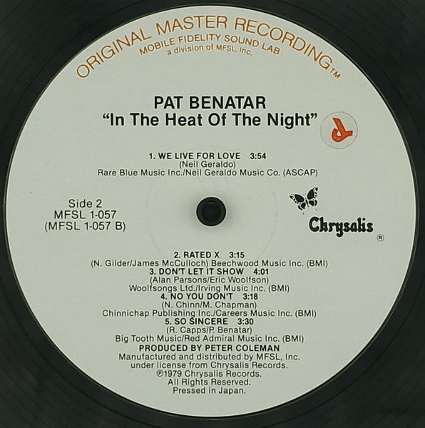 Pat Benatar - In The Heat Of The Night - Mint- (VG+ cover) LP Record 1979 MFSL Mobile Fidelity Sound Lab Original Master Recording Japan Vinyl & Inserts - Pop Rock - Shuga Records