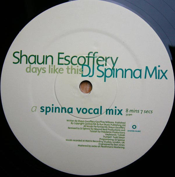 Shaun Escoffery - Days Like This - VG+ 12" Single Record 2001 Oyster Music UK Vinyl - Deep House / Garage House - Shuga Records