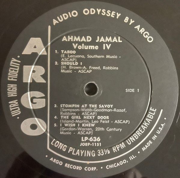 The Ahmad Jamal Trio - Volume IV - VG+ (VG cover) LP Record 1958 Argo USA Mono Original Vinyl - Jazz / Bop / Cool Jazz - Shuga Records