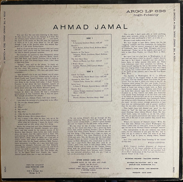 The Ahmad Jamal Trio - Volume IV - VG+ (VG cover) LP Record 1958 Argo USA Mono Original Vinyl - Jazz / Bop / Cool Jazz - Shuga Records