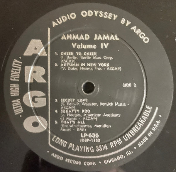 The Ahmad Jamal Trio - Volume IV - VG+ (VG cover) LP Record 1958 Argo USA Mono Original Vinyl - Jazz / Bop / Cool Jazz - Shuga Records