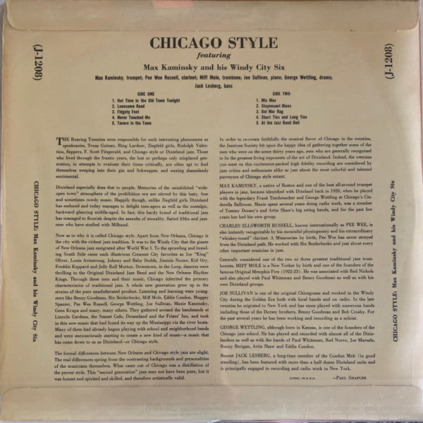 Max Kaminsky And His Windy City Six - Chicago Style - VG+ LP Record 1955 Jazztone USA Vinyl - Jazz / Big Band