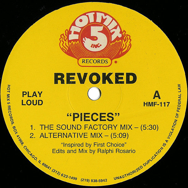 Revoked - Pieces - VG+ 12" Single Record 1989 Hot Mix 5 USA Vinyl - Chicago House / Disco House
