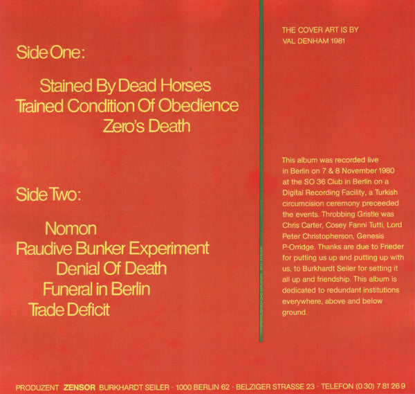 Throbbing Gristle - Funeral In Berlin - Mint- LP Record 1981 Zensor Germany Vinyl - Electronic / Industrial / Experimental - Shuga Records