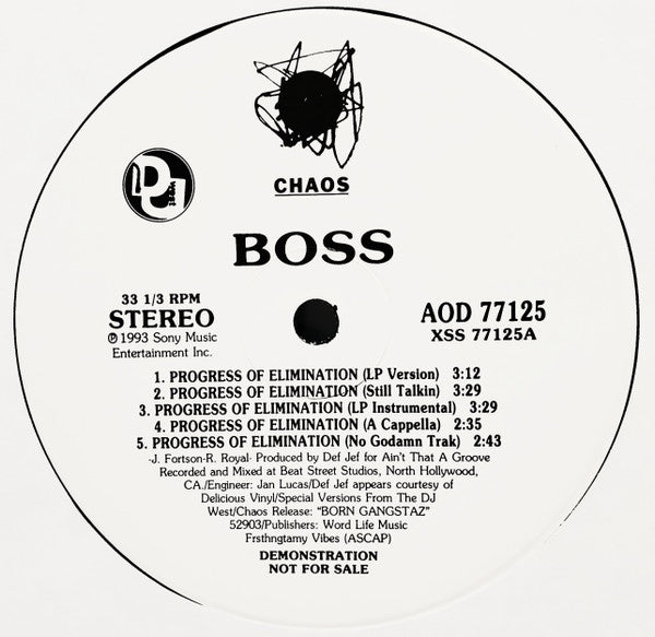 Boss - Progress Of Elimination - New 12" Single Record 1993 Rush Associated USA Promo Vinyl - Hip Hop