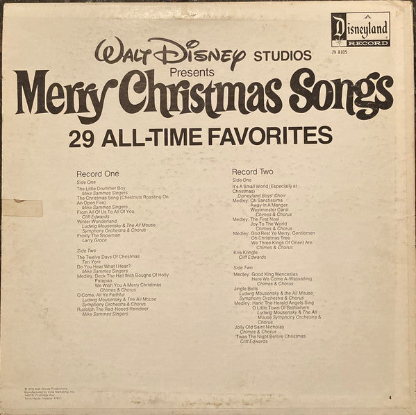 Various - Walt Disney Studios Presents Merry Christmas Songs - VG+ 2 LP Record 1978 Disneyland USA Vinyl - Children's / Holiday - Shuga Records