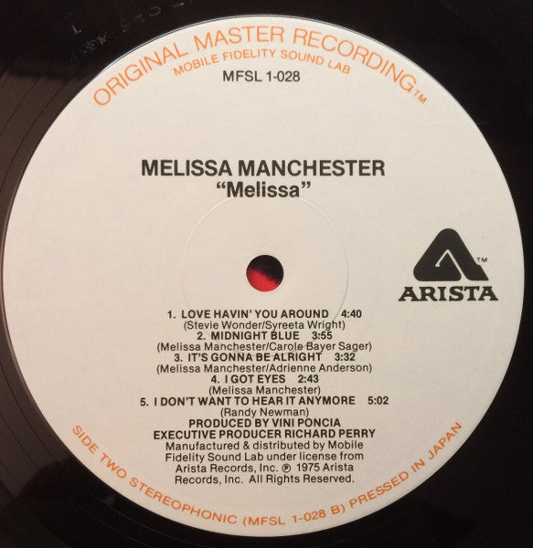 Melissa Manchester - Melissa - Mint- LP Record 1980 MFSL Mobile Fidelity Sound Lab Original Master Recording Japan vinyl & Insert - Pop Rock / Soft Rock - Shuga Records